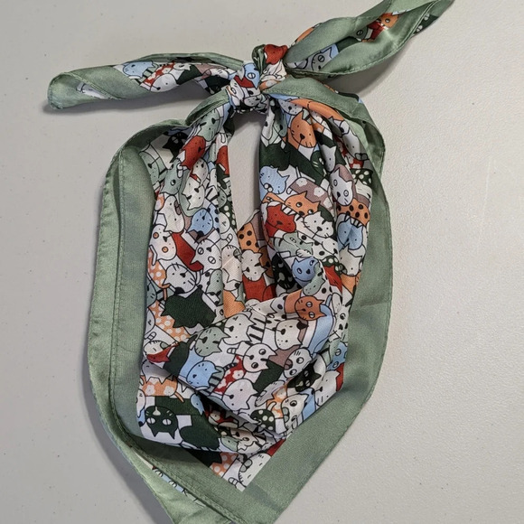Whimsical cats scarf, neckerchief, light green polyester, unisex - Picture 2 of 11